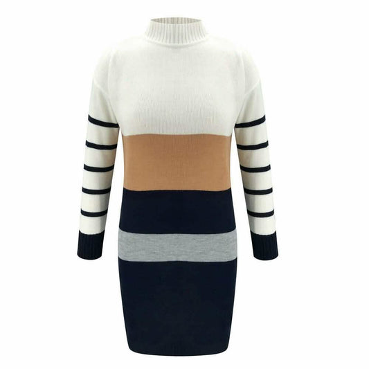 Women Knit Cowl Turtleneck Stripe Sweater Dress Long Sleeve Pullover Mini Dress DailySale