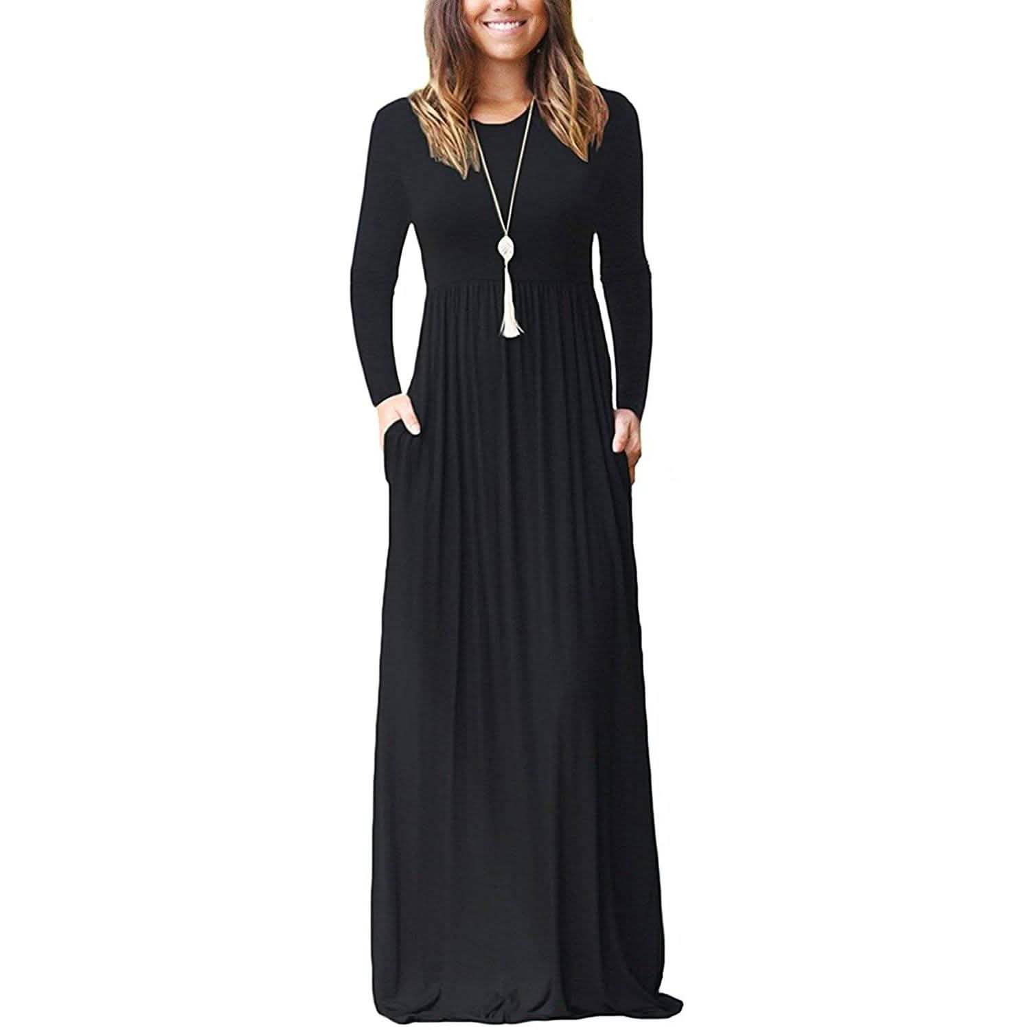 Women Long Sleeve Loose Plain Maxi Dresses Casual Long Dresses with Pockets DailySale