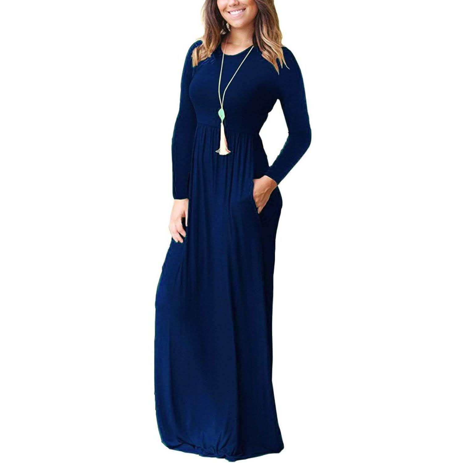 Women Long Sleeve Loose Plain Maxi Dresses Casual Long Dresses with Pockets DailySale