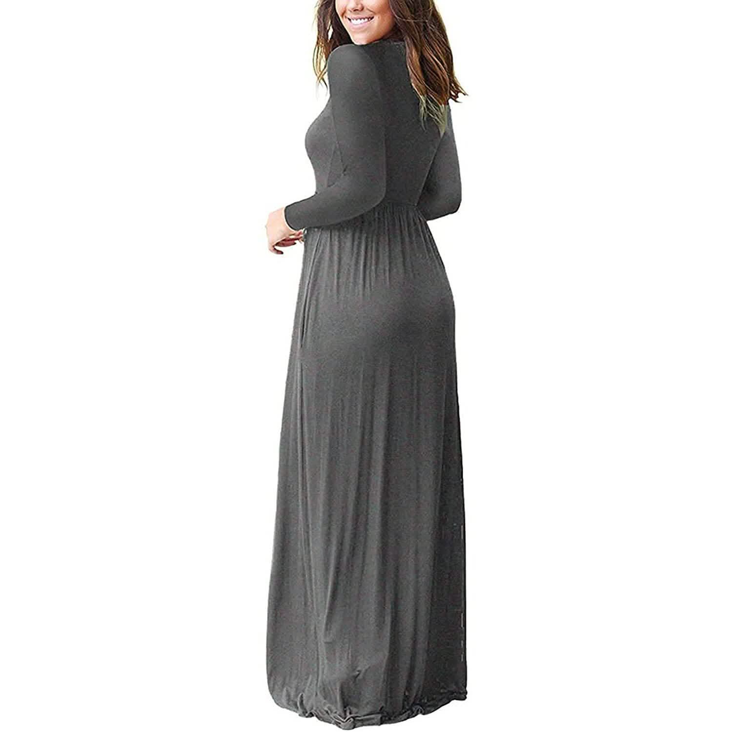 Women Long Sleeve Loose Plain Maxi Dresses Casual Long Dresses with Pockets DailySale
