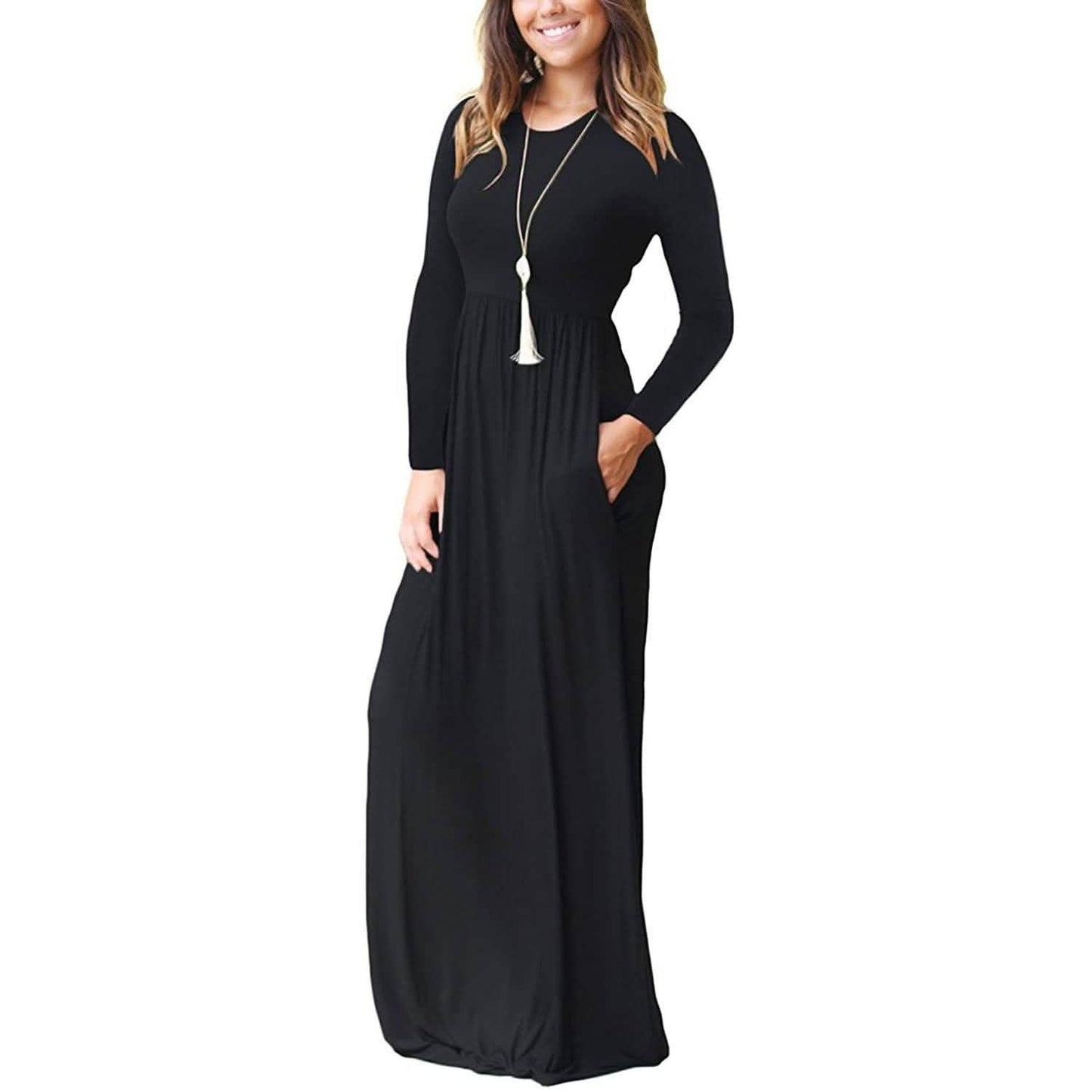 Women Long Sleeve Loose Plain Maxi Dresses Casual Long Dresses with Pockets DailySale