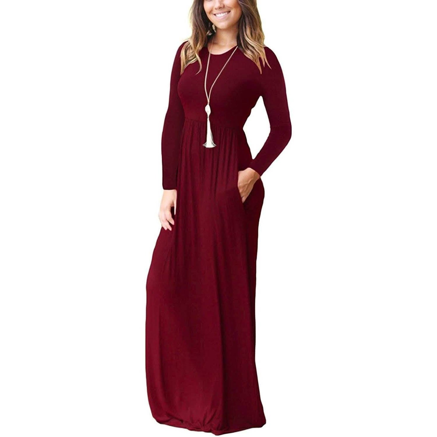 Women Long Sleeve Loose Plain Maxi Dresses Casual Long Dresses with Pockets DailySale
