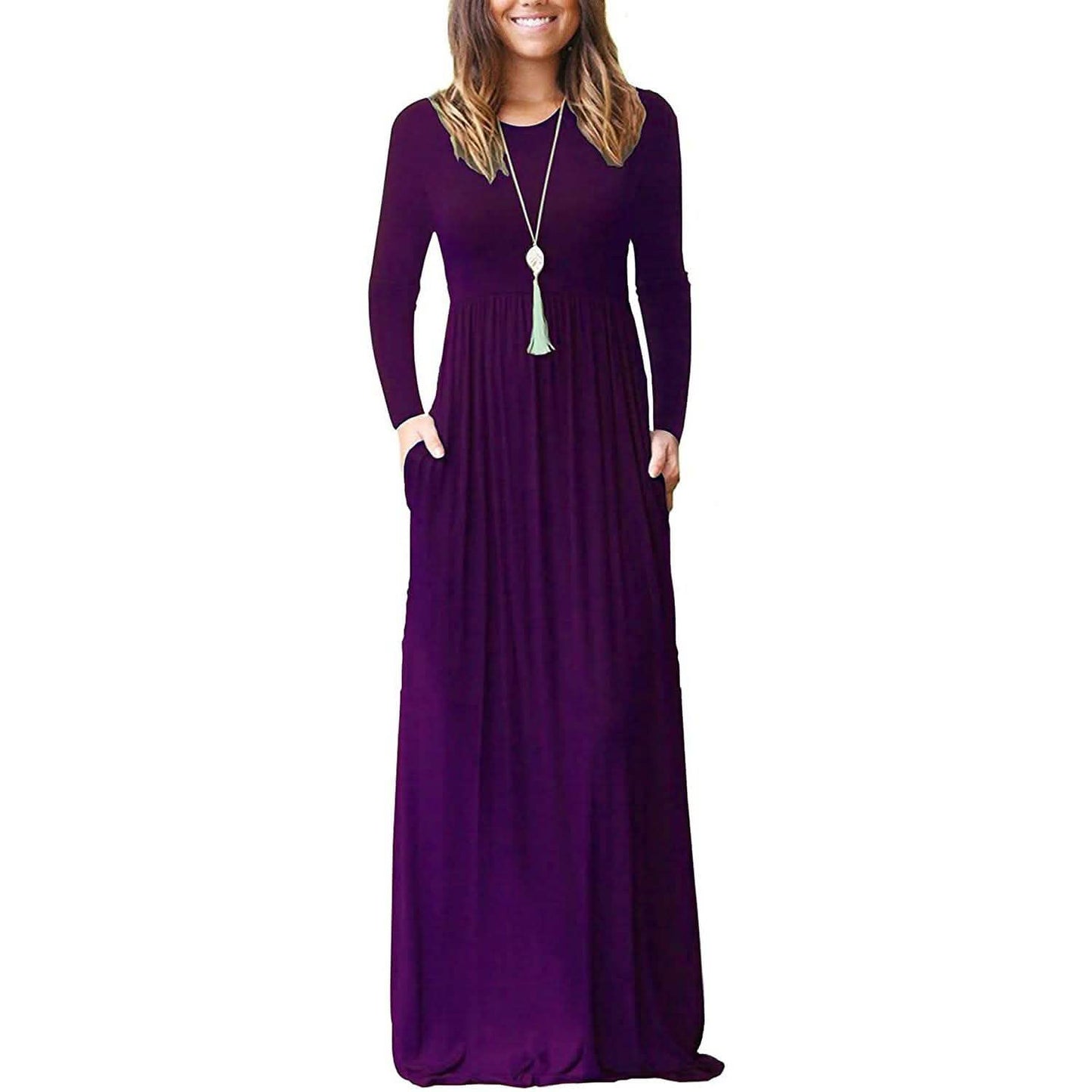 Women Long Sleeve Loose Plain Maxi Dresses Casual Long Dresses with Pockets DailySale