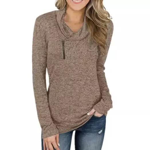 Women Long Sleeve V-Neck Size Zipper Collar Pullover Tunic Tops DailySale
