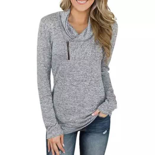 Women Long Sleeve V-Neck Size Zipper Collar Pullover Tunic Tops DailySale