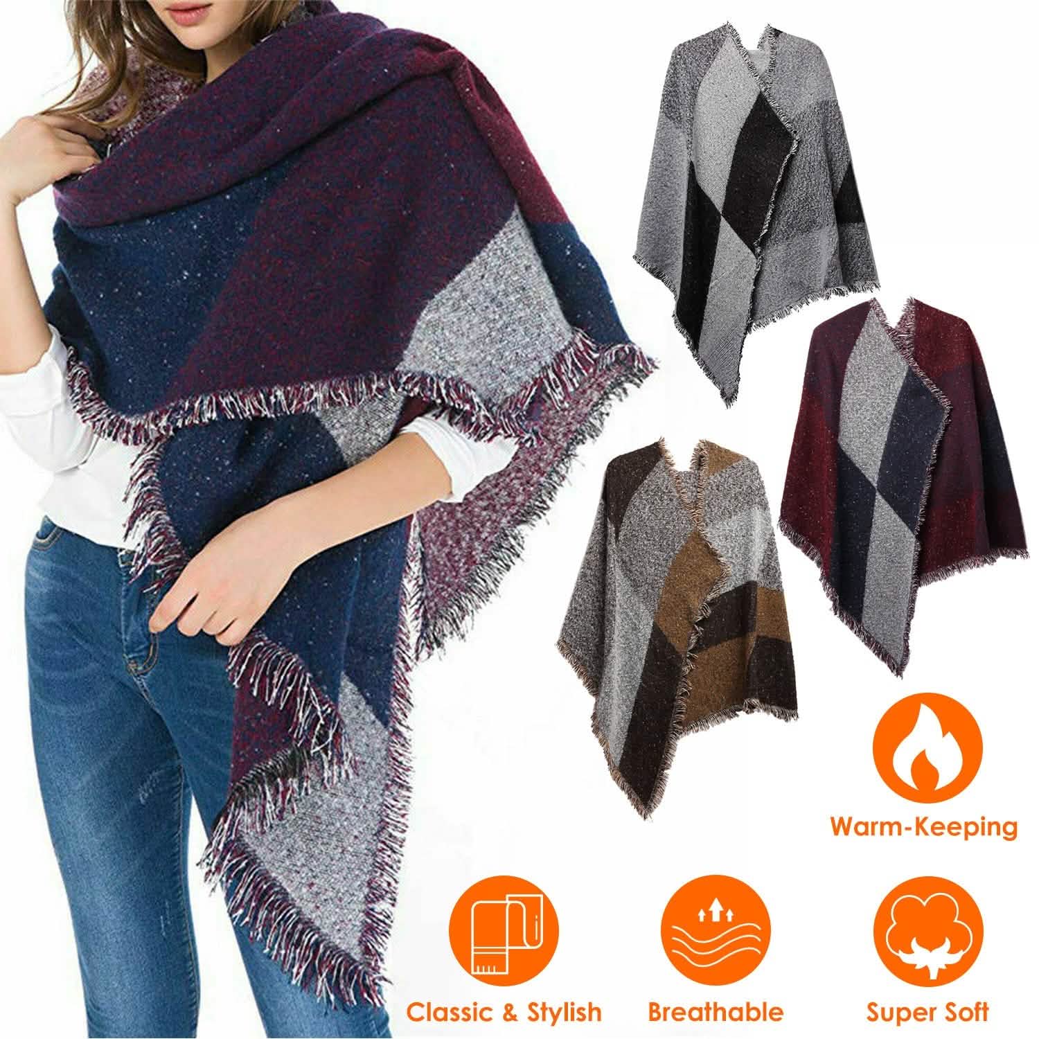 Women Long Soft Knitted Shawl Extra Thick Plaid Blanket Wrap Cape DailySale