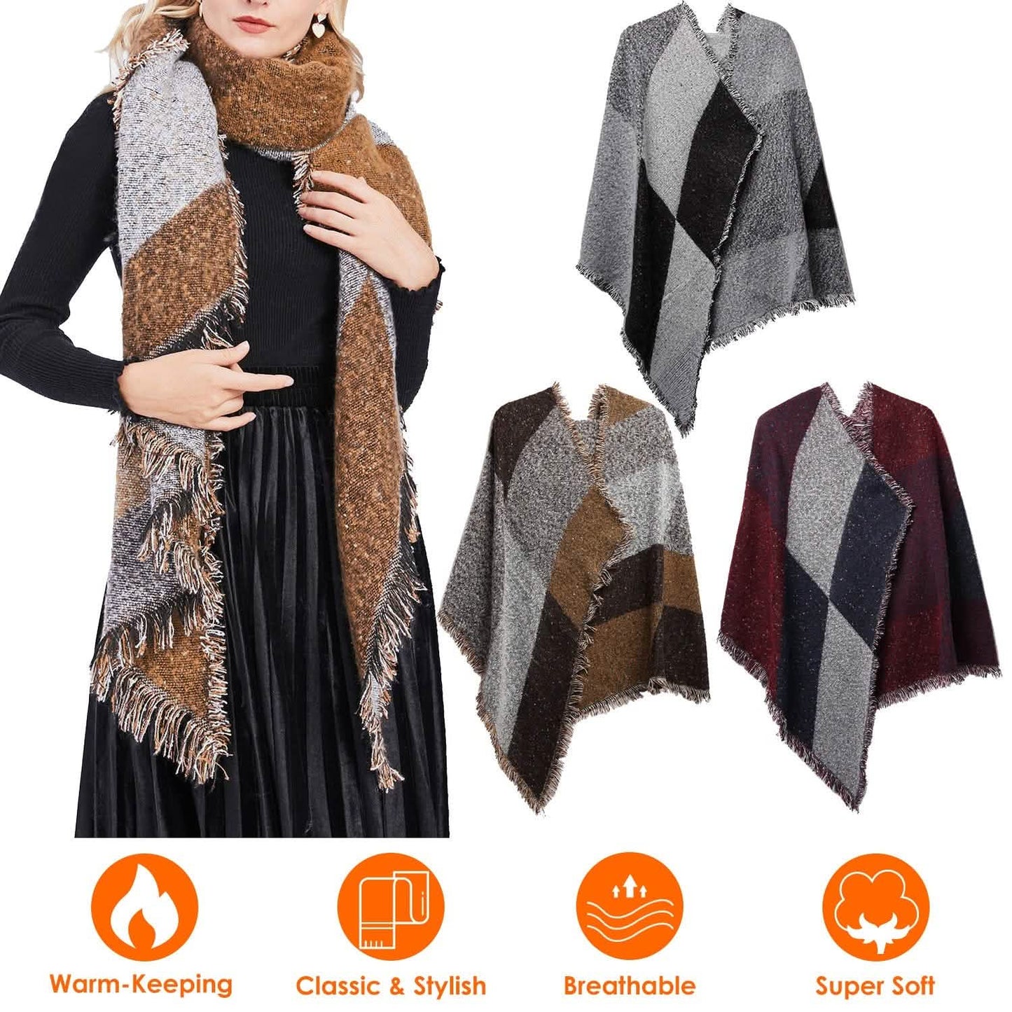 Women Long Soft Knitted Shawl Extra Thick Plaid Blanket Wrap Cape DailySale