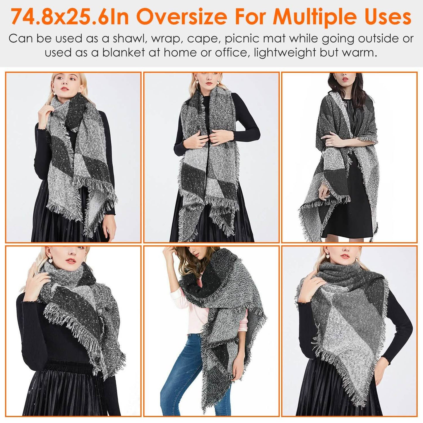 Women Long Soft Knitted Shawl Extra Thick Plaid Blanket Wrap Cape DailySale