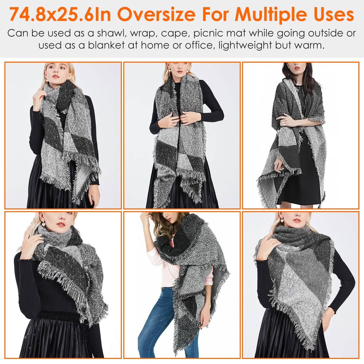 Women Long Soft Knitted Shawl Extra Thick Plaid Blanket Wrap Cape DailySale