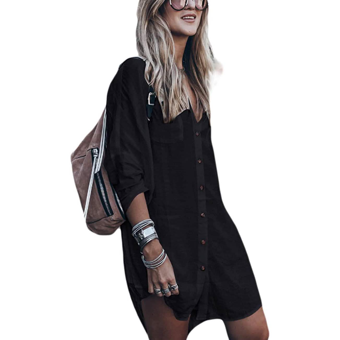 Women Loose Long Sleeve Swimsuit Cover Ups Button Down Beach Shirt DailySale