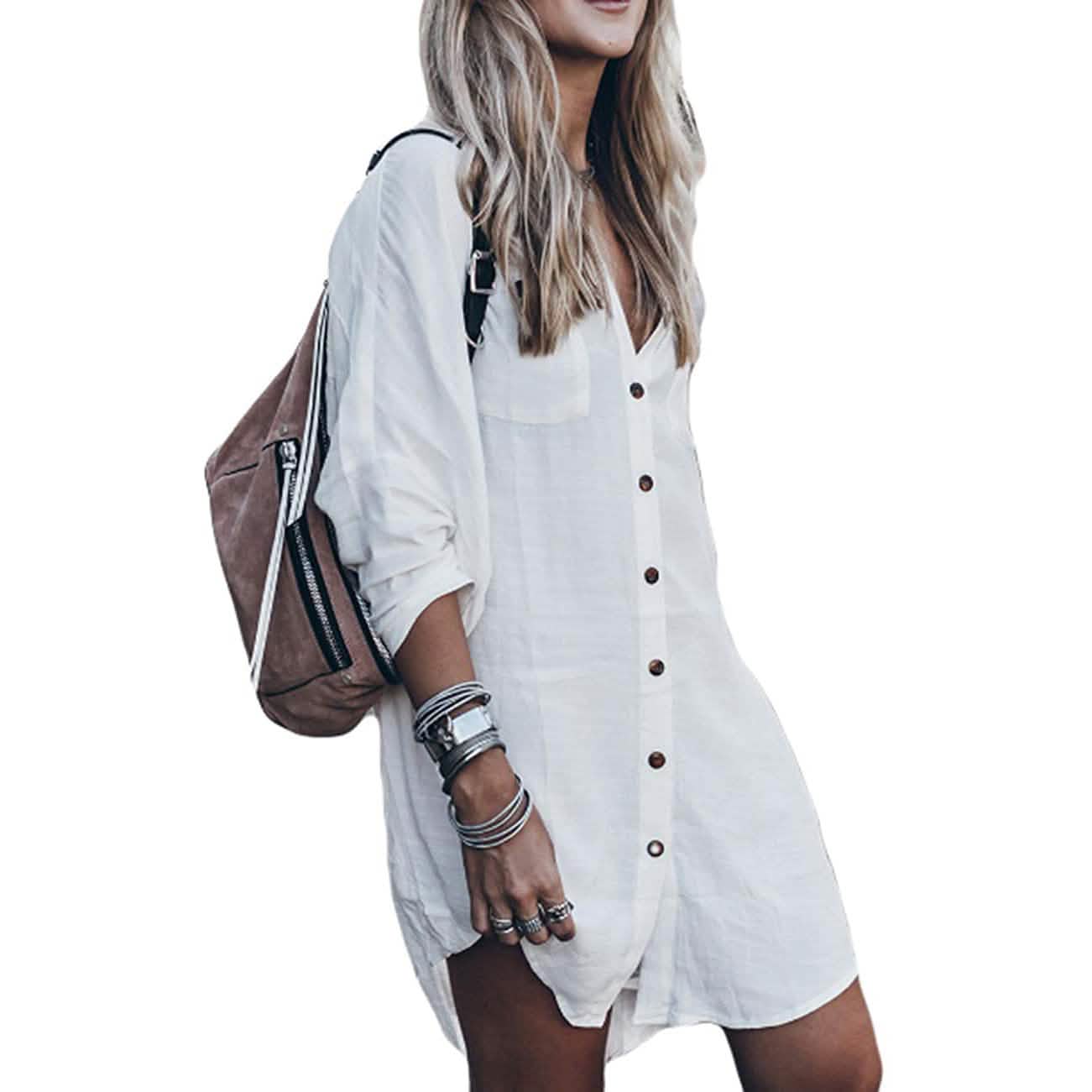 Women Loose Long Sleeve Swimsuit Cover Ups Button Down Beach Shirt DailySale