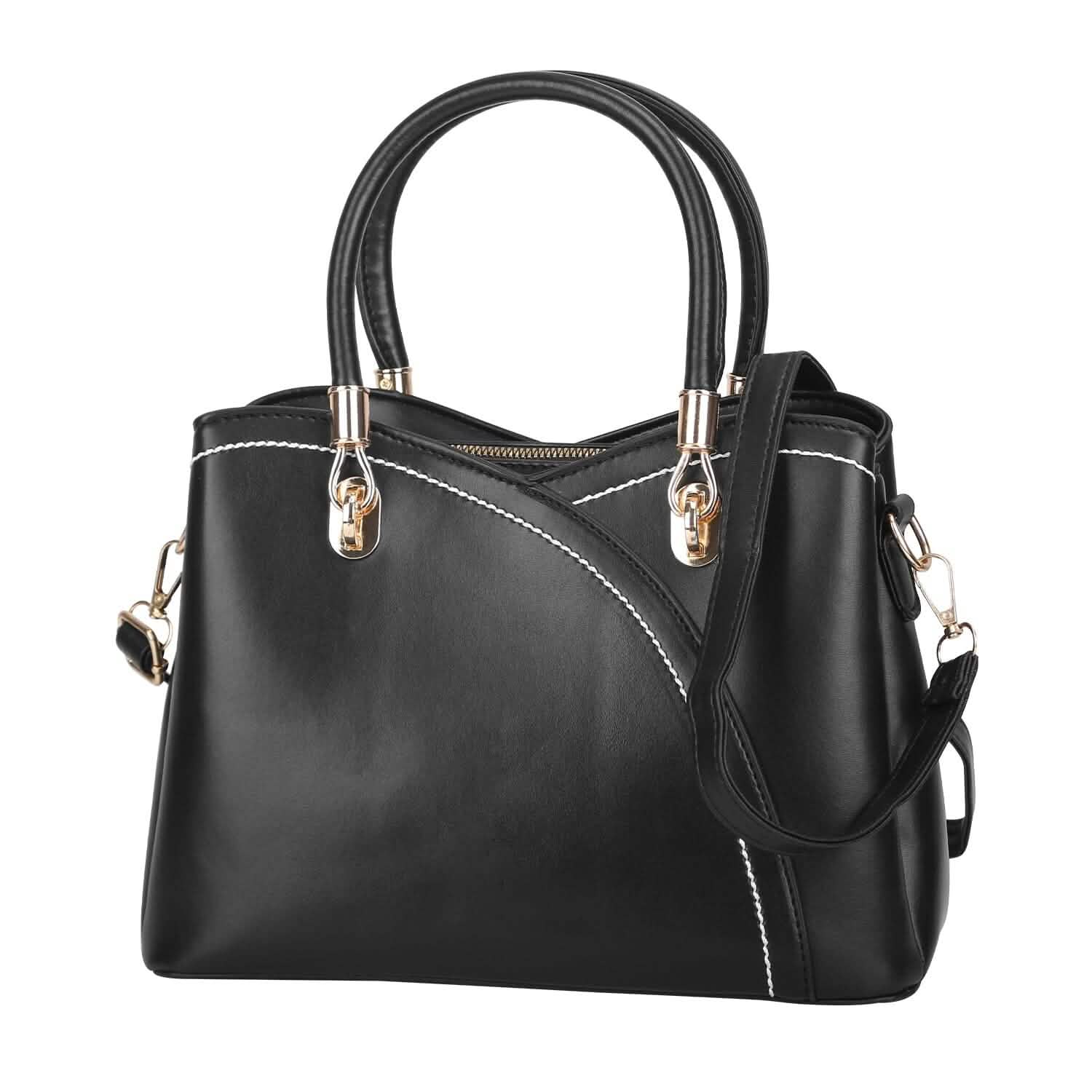Women Medium Sized Leather Satchel Crossbody Bag with Stylish Stitching Detachable Strap DailySale