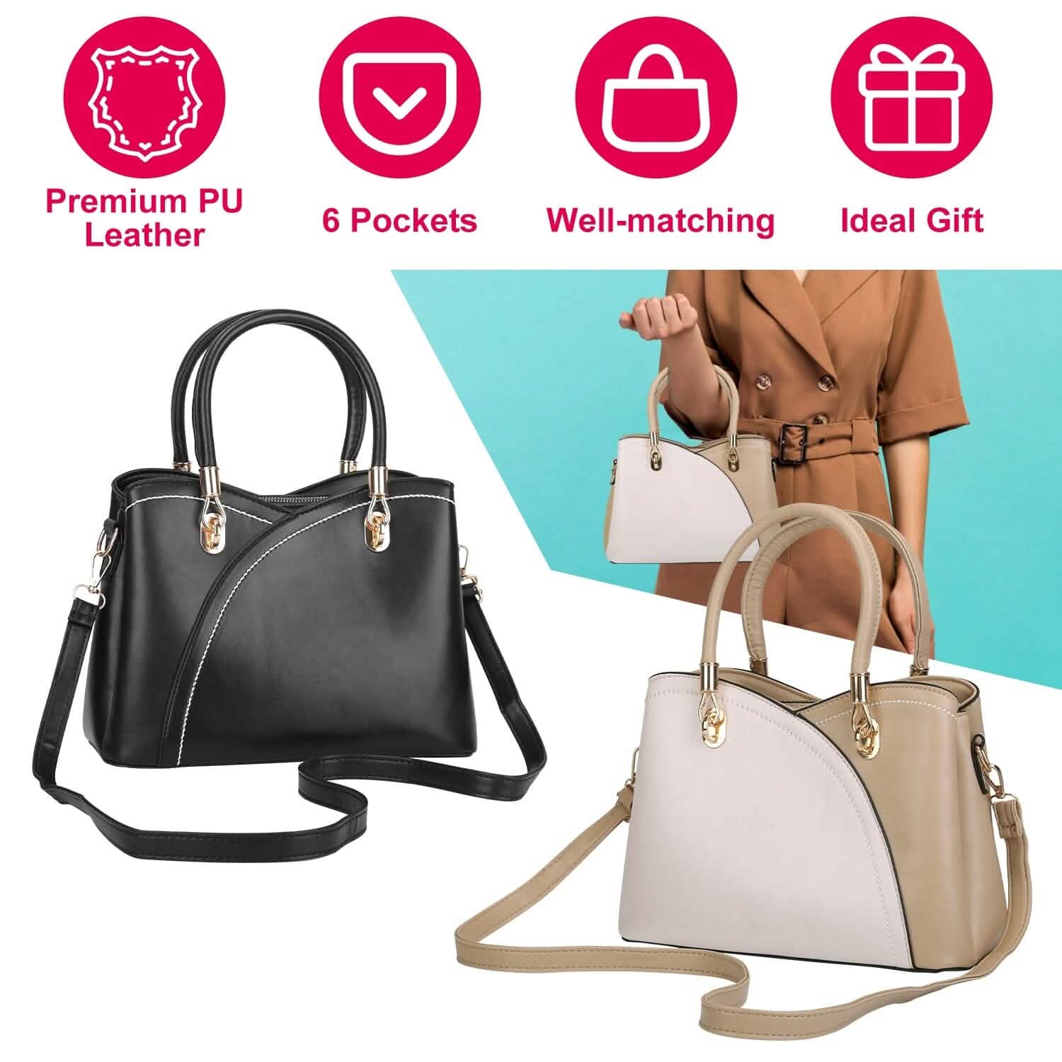 Women Medium Sized Leather Satchel Crossbody Bag with Stylish Stitching Detachable Strap DailySale