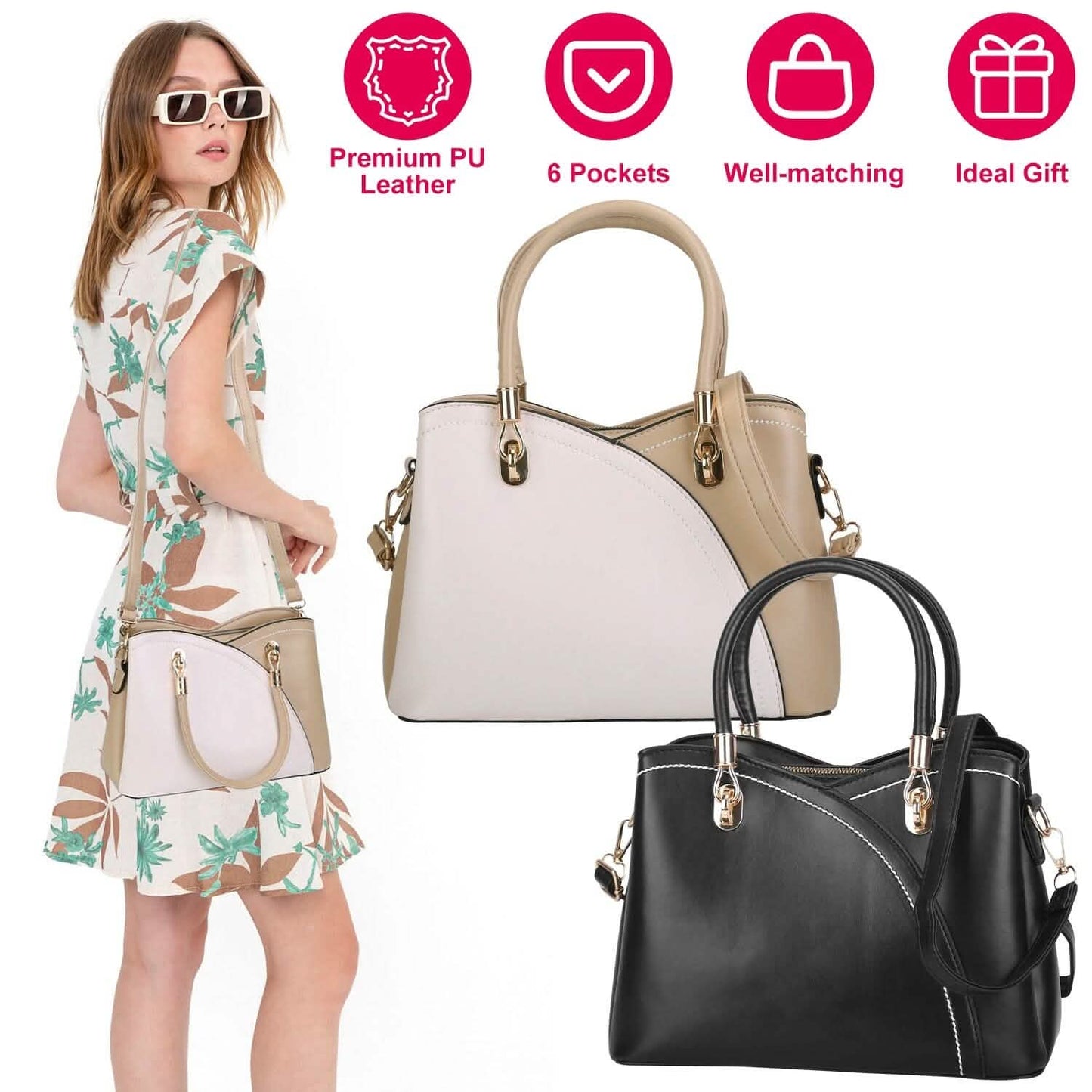 Women Medium Sized Leather Satchel Crossbody Bag with Stylish Stitching Detachable Strap DailySale