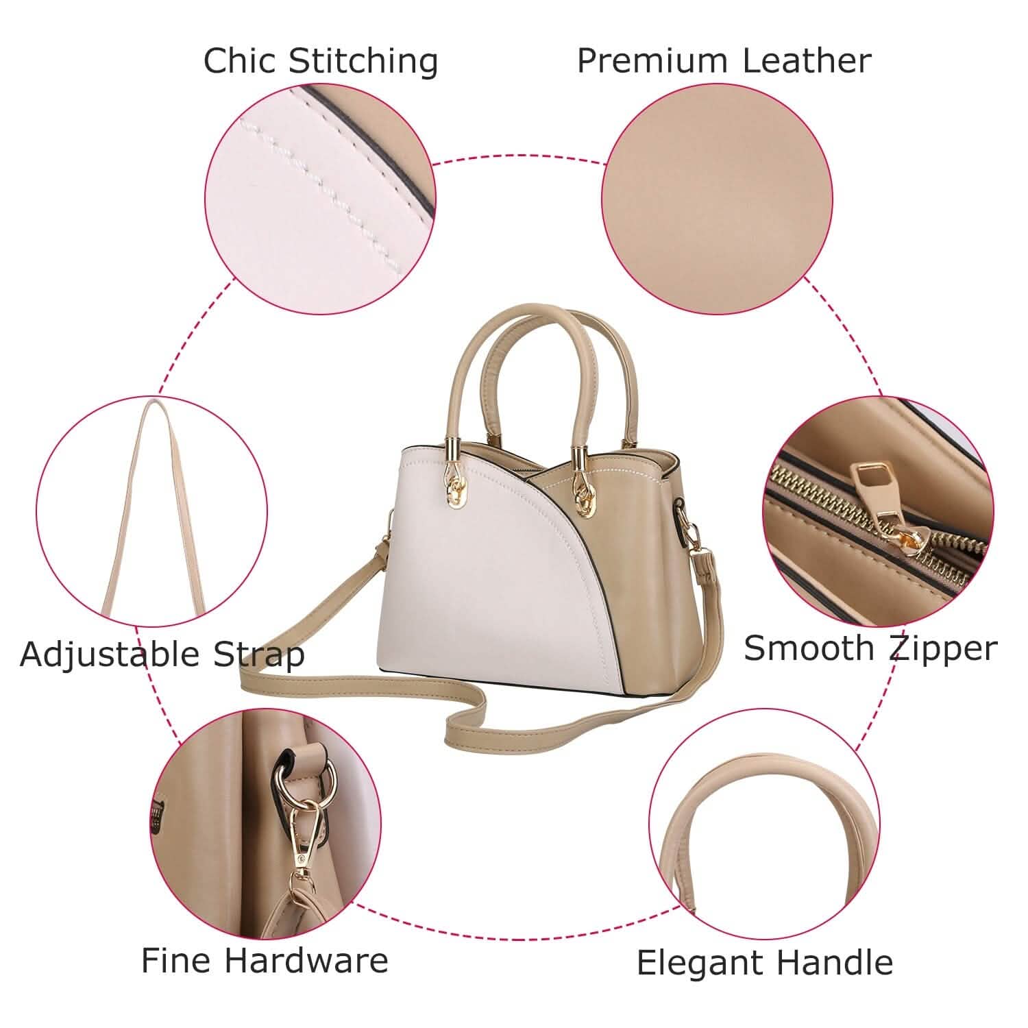 Women Medium Sized Leather Satchel Crossbody Bag with Stylish Stitching Detachable Strap DailySale