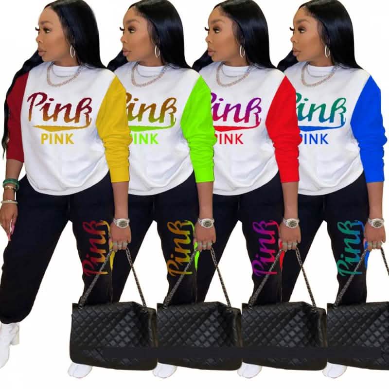 Women Pink Letter Print Long Sleeve Top and Pants Spring Streetwear DailySale