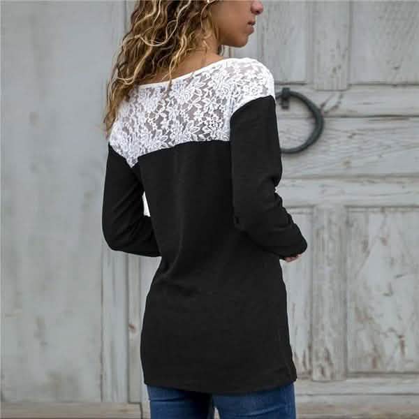 Women Round Neck Sexy Lace Casual Long-Sleeved Top DailySale