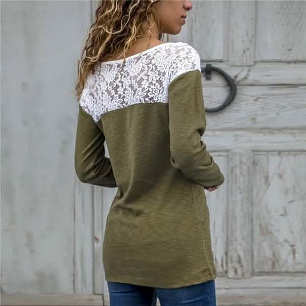 Women Round Neck Sexy Lace Casual Long-Sleeved Top DailySale