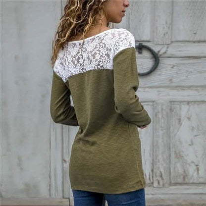 Women Round Neck Sexy Lace Casual Long-Sleeved Top DailySale