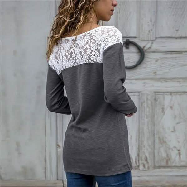 Women Round Neck Sexy Lace Casual Long-Sleeved Top DailySale
