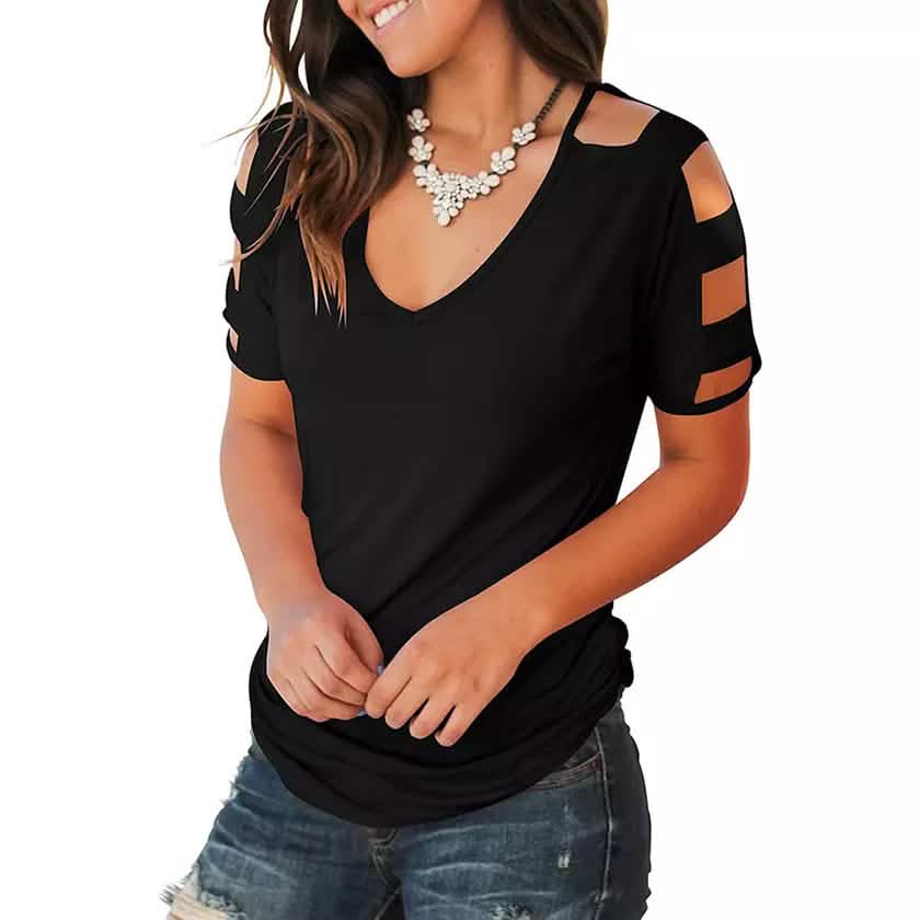 Women Short Sleeve Cut Out Cold Shoulder Tops Deep V Neck T Shirts DailySale