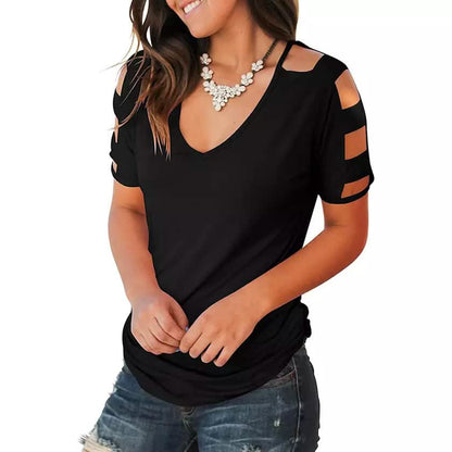 Women Short Sleeve Cut Out Cold Shoulder Tops Deep V Neck T Shirts DailySale