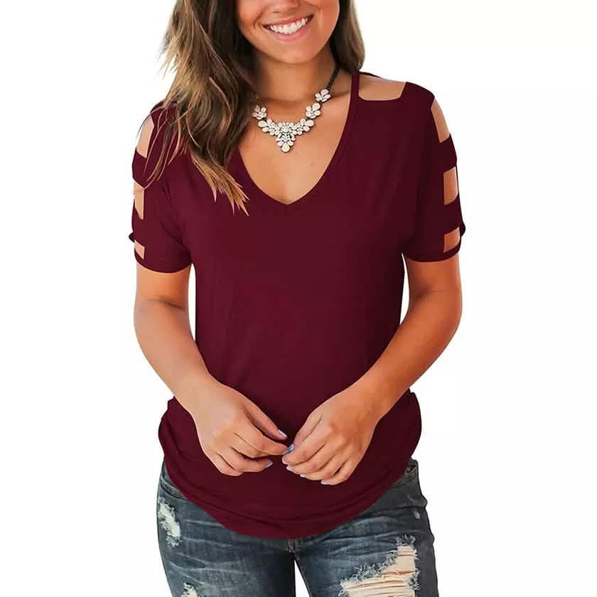 Women Short Sleeve Cut Out Cold Shoulder Tops Deep V Neck T Shirts DailySale