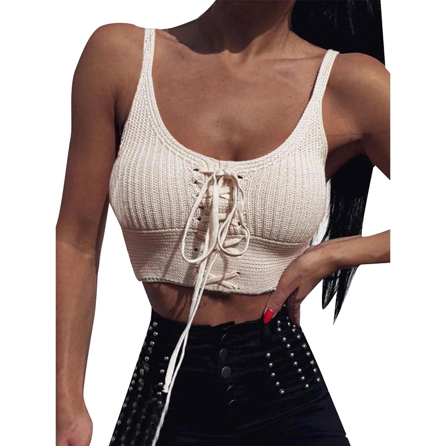 Women Sleeveless Lace Up Knitted Cami Tank Top Sexy Loose Crop Tops Blouse DailySale