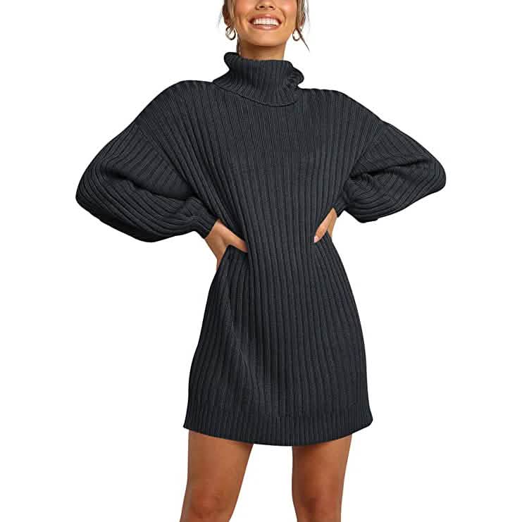 Women Turtleneck Long Lantern Sleeve Casual Loose Oversized Sweater Dress DailySale