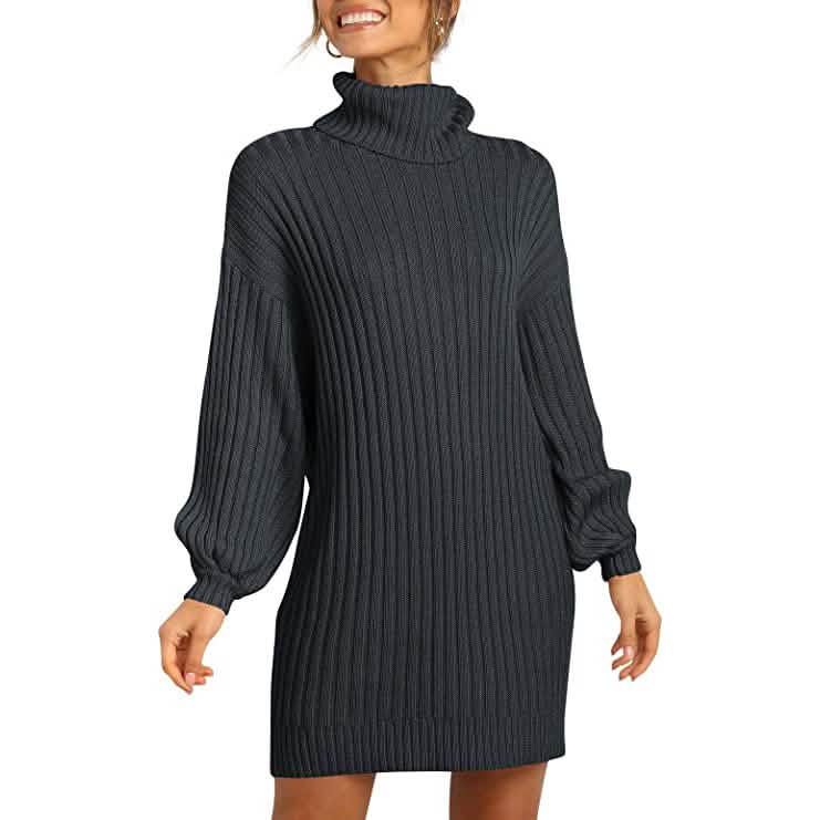 Women Turtleneck Long Lantern Sleeve Casual Loose Oversized Sweater Dress DailySale