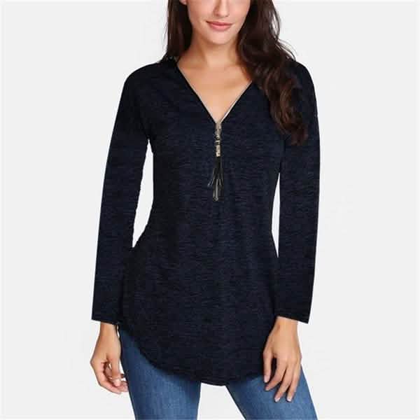 Women V-neck Zipper Long Sleeve Solid Color Top Plus Size Blouse Top DailySale