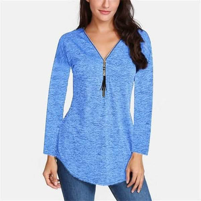 Women V-neck Zipper Long Sleeve Solid Color Top Plus Size Blouse Top DailySale