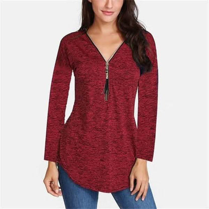 Women V-neck Zipper Long Sleeve Solid Color Top Plus Size Blouse Top DailySale