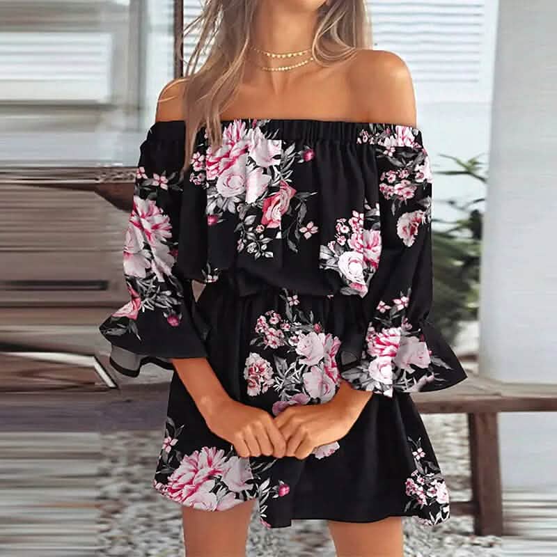 Women's 3/4 Length Sleeve Floral Ruffle Summer Spring Off Shoulder Dress DailySale