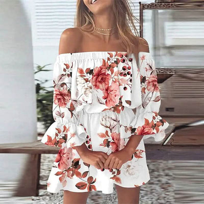 Women's 3/4 Length Sleeve Floral Ruffle Summer Spring Off Shoulder Dress DailySale