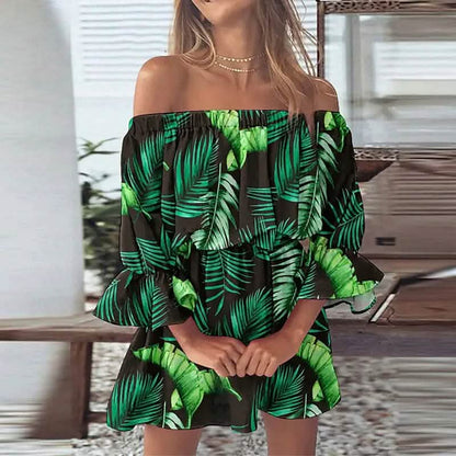 Women's 3/4 Length Sleeve Floral Ruffle Summer Spring Off Shoulder Dress DailySale