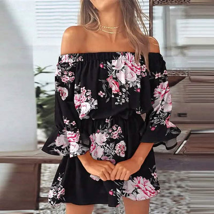 Women's 3/4 Length Sleeve Floral Ruffle Summer Spring Off Shoulder Dress DailySale