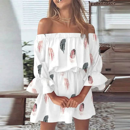 Women's 3/4 Length Sleeve Floral Ruffle Summer Spring Off Shoulder Dress DailySale