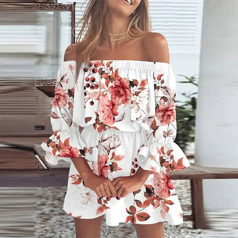 Women's 3/4 Length Sleeve Floral Ruffle Summer Spring Off Shoulder Dress DailySale
