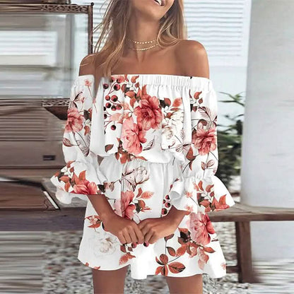 Women's 3/4 Length Sleeve Floral Ruffle Summer Spring Off Shoulder Dress DailySale