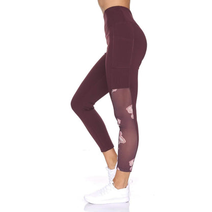 Women's 7/8 Active Leggings with Sheer Mesh Floral Panel and Pockets DailySale