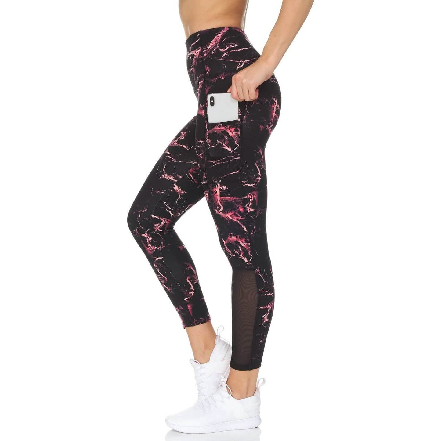 Women's 7/8 Highwaist Marble Leggings with Sheer Mesh Panel and Pockets DailySale