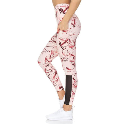 Women's 7/8 Highwaist Marble Leggings with Sheer Mesh Panel and Pockets DailySale