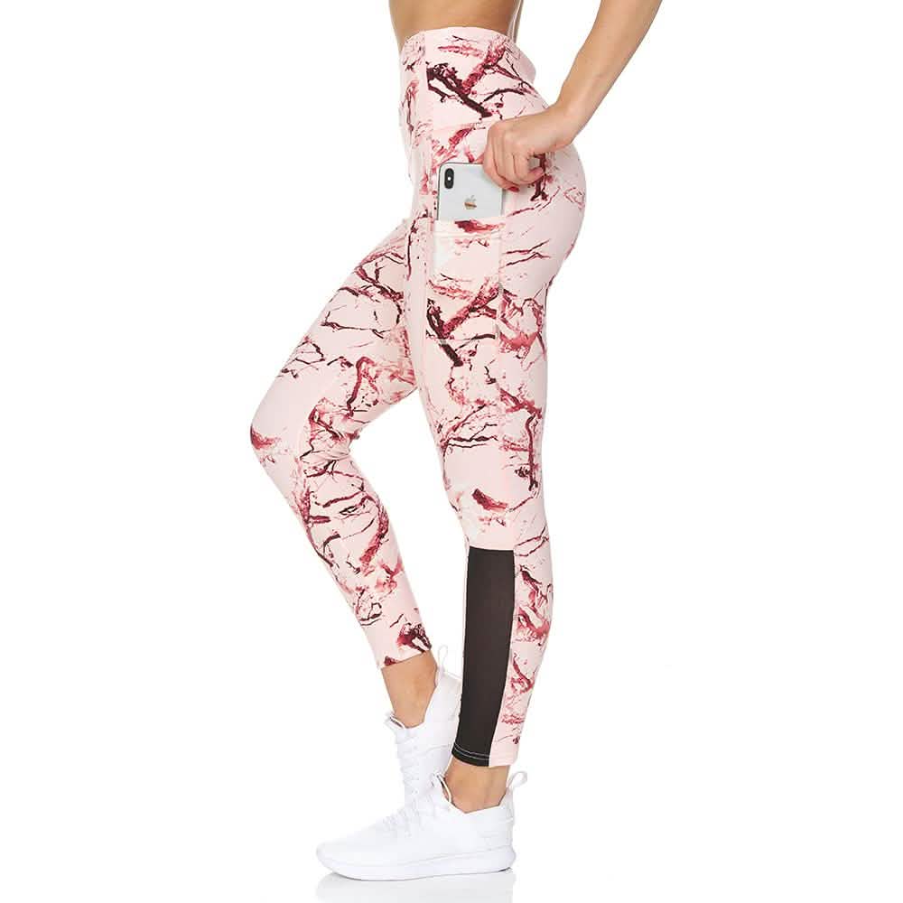 Women's 7/8 Highwaist Marble Leggings with Sheer Mesh Panel and Pockets DailySale