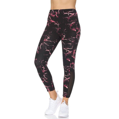 Women's 7/8 Highwaist Marble Leggings with Sheer Mesh Panel and Pockets DailySale