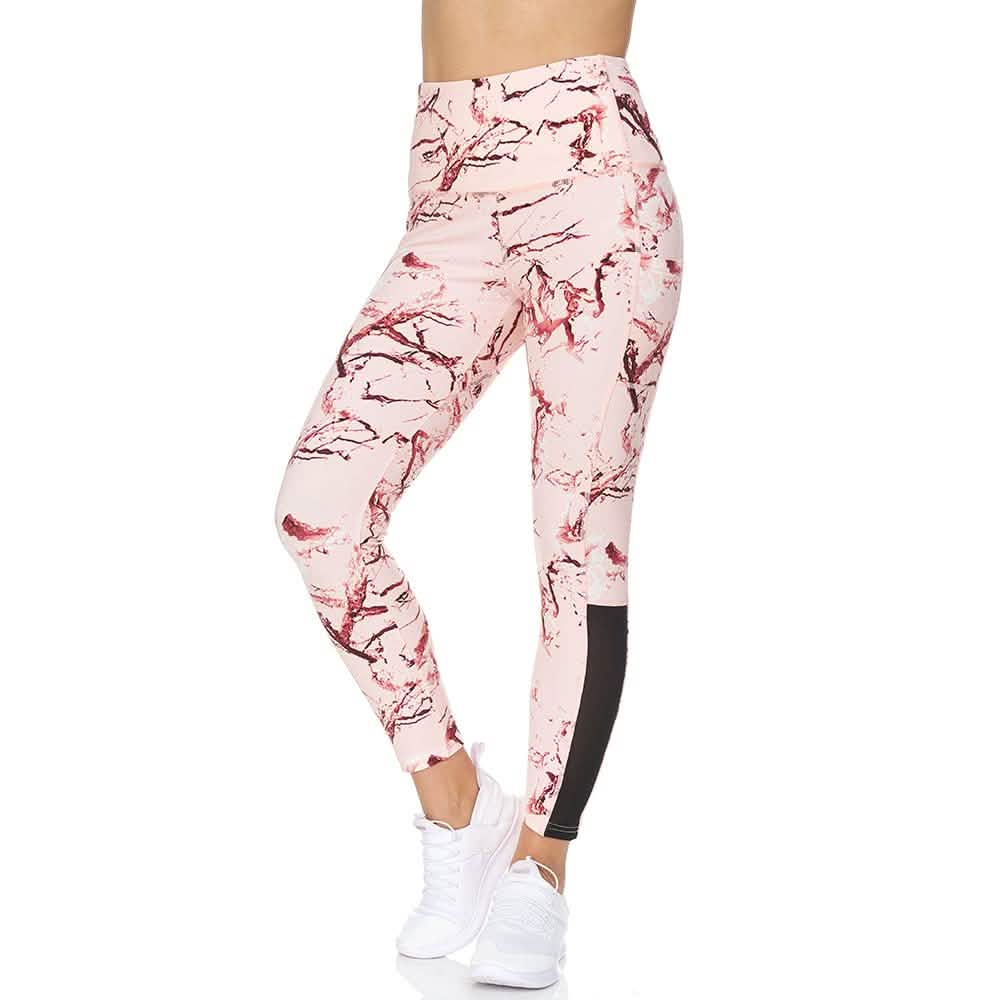 Women's 7/8 Highwaist Marble Leggings with Sheer Mesh Panel and Pockets DailySale