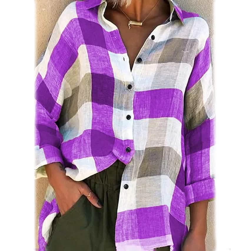 Women's Basic Loose Checkered Long Sleeve Shirt DailySale