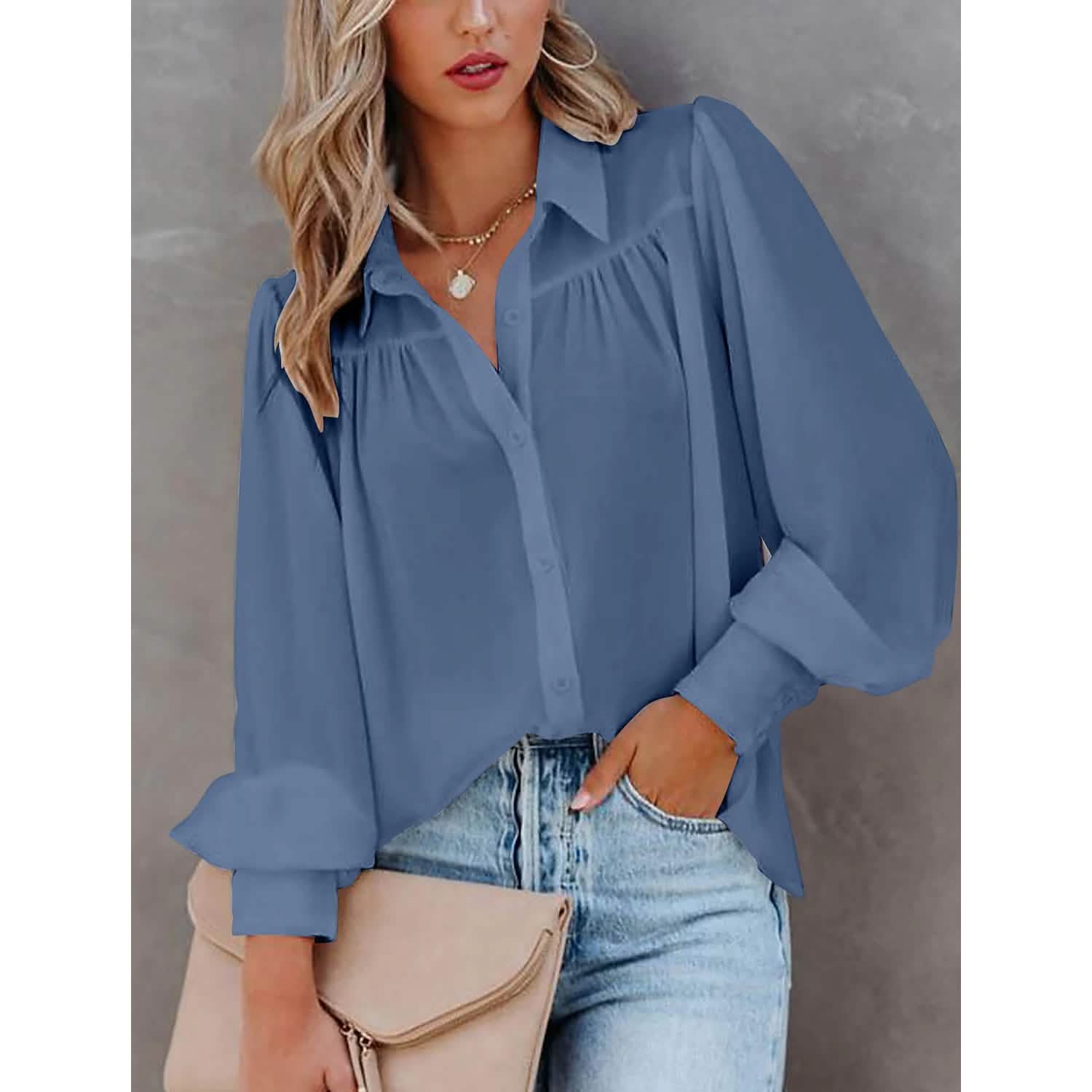 Womens Blouse Shirt Plain Button Long Sleeve DailySale