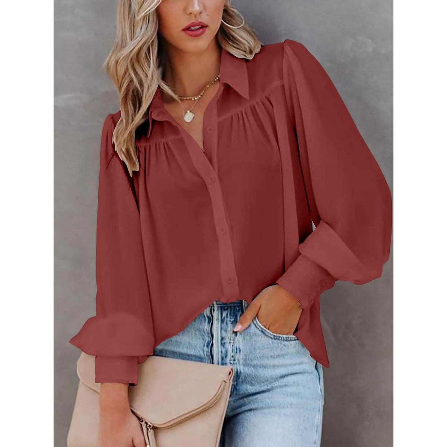 Womens Blouse Shirt Plain Button Long Sleeve DailySale