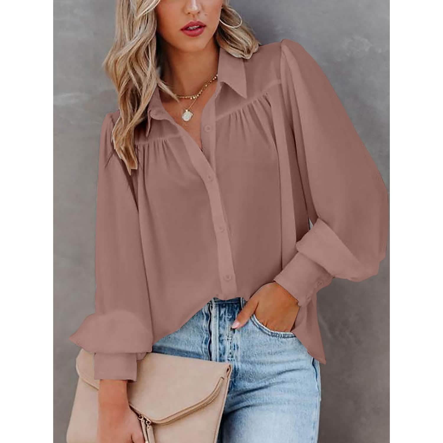 Womens Blouse Shirt Plain Button Long Sleeve DailySale